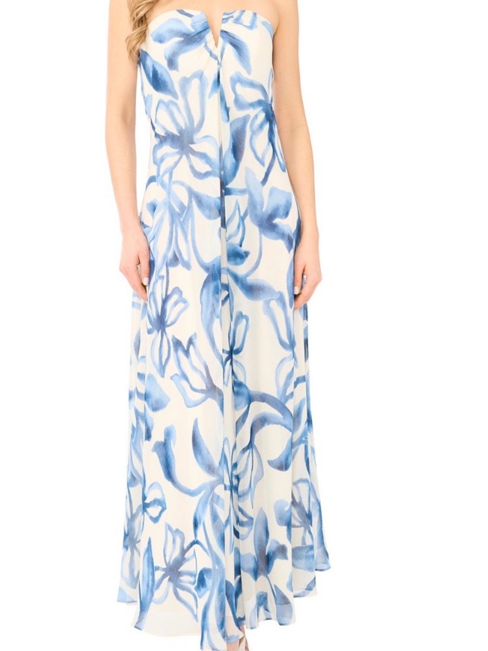 Strapless Blue & White Floral Maxi Dress
